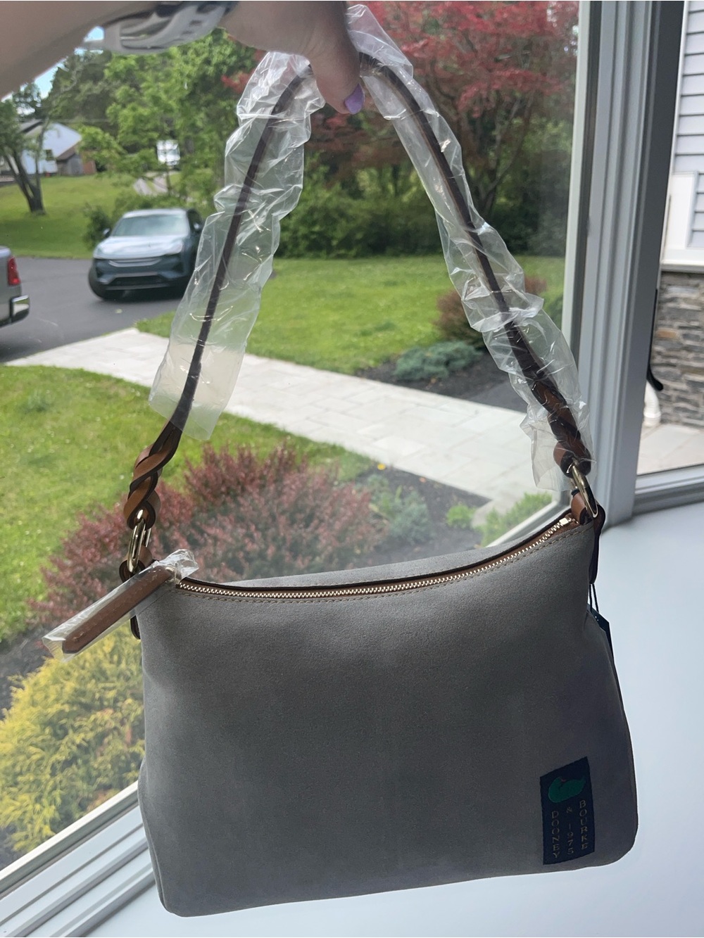 Dooney & Bourke Gray Suede Chloe 30 Shoulder Bag with Brown Leather Strap NWT - Picture 6 of 11